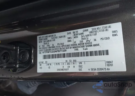 2022 Ford F-150 Lariat from USA, damaged, VIN 1FTFW1CD2NFB77229